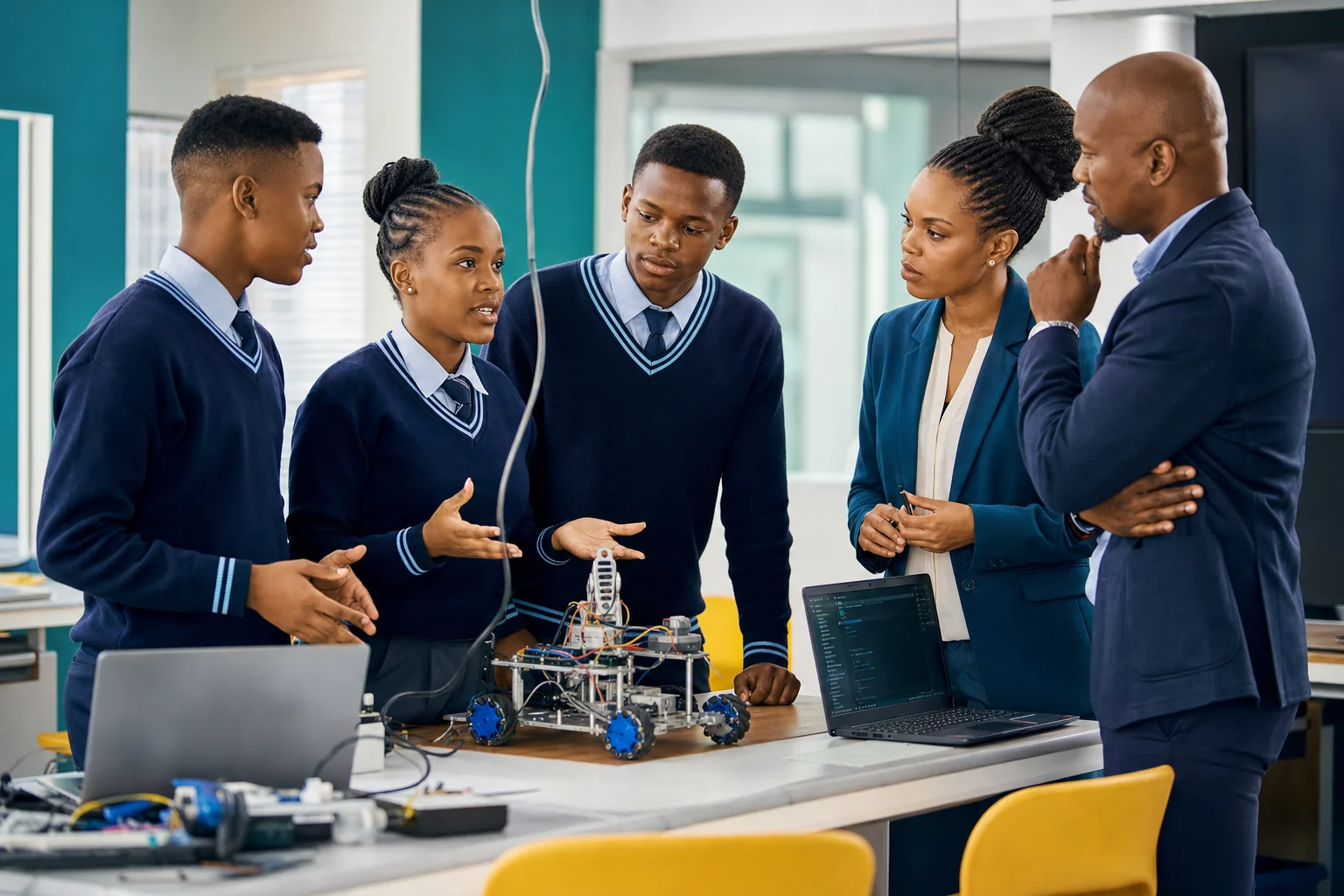 Botswana students presenting a robotics project to educators