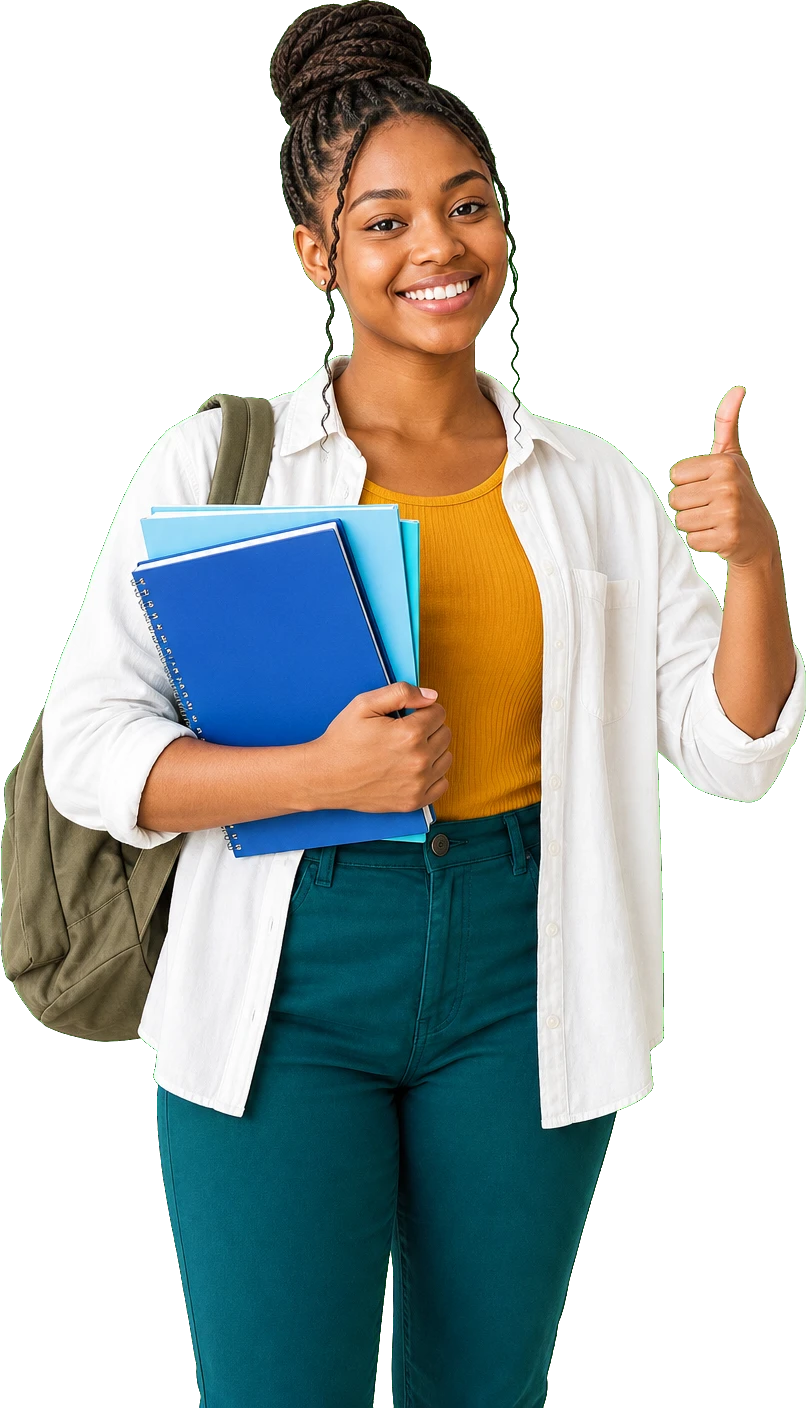 Botswana student holding books and giving a thumbs up
