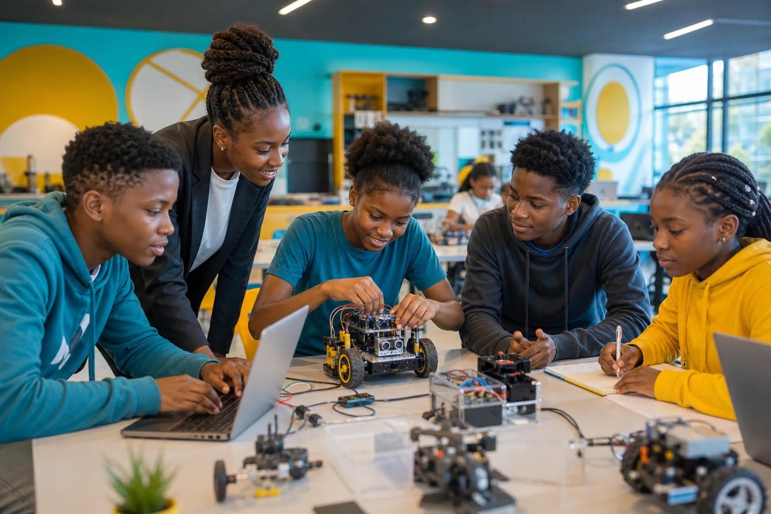 African students collaborating in a robotics workshop